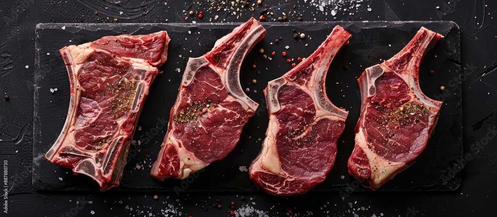 Aufkleber top view of a selection of fresh raw black angus prime meat steaks like t bone new york and ribeye w