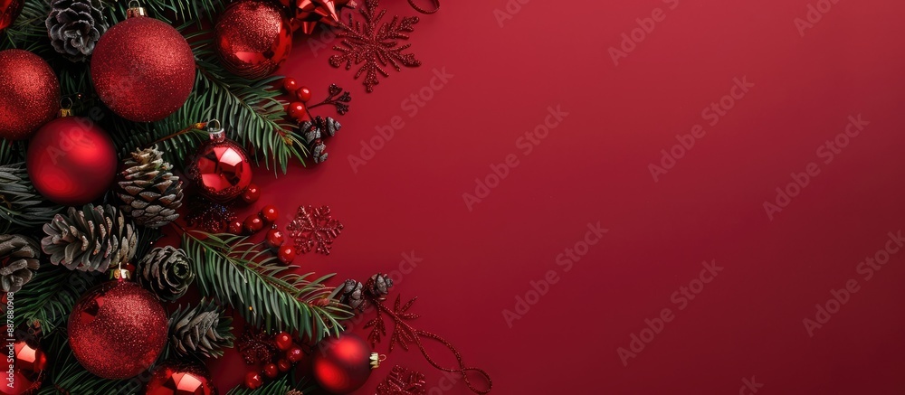Poster holiday themed arrangement with christmas red ornaments and tree decorations showcased on a red back