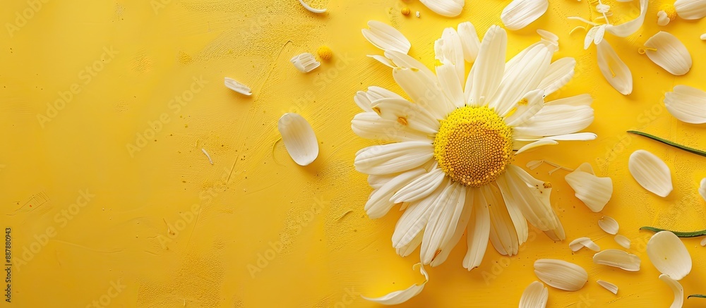 Leinwandbilder Chamomile flower and petals in a composition on a yellow backdrop with copy space image