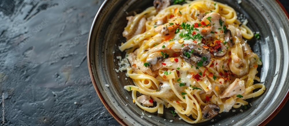 Poster a dish featuring pasta topped with cheese chicken and mushrooms presented on a dark backdrop providi