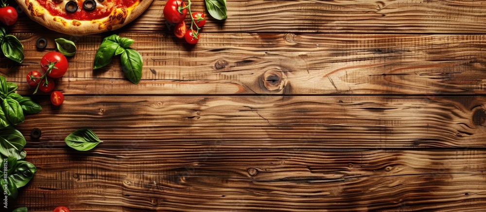 Aufkleber pizza time with a light wooden table background featuring copy space image