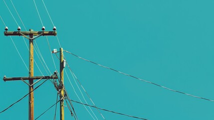 Fototapeta premium Electric poles with wires against a blue background