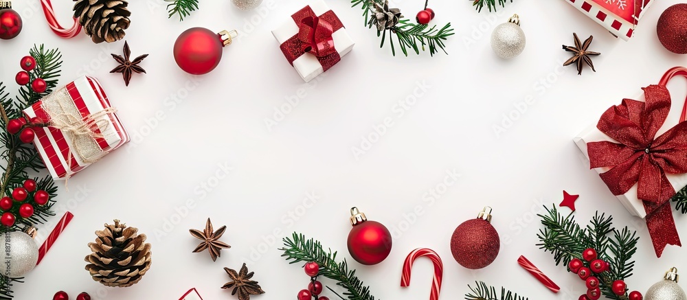 Poster Christmas themed decorations arranged in a flat lay on a white background with ample space for image insertion