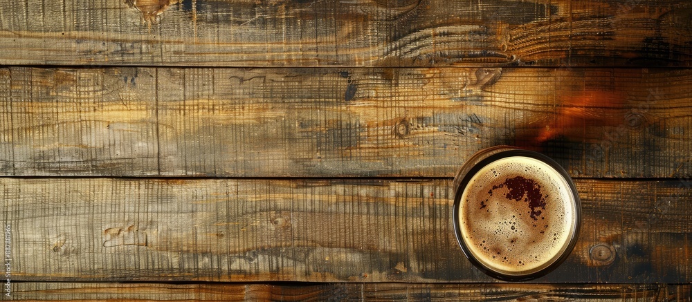 Aufkleber Top view of a beer cup on a wooden surface with space for writing or images. with copy space image. Place for adding text or design
