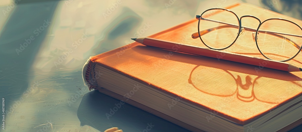 Poster Items like a book pencil and eyeglasses are neatly placed on the table with a plain background perfect for a copy space image