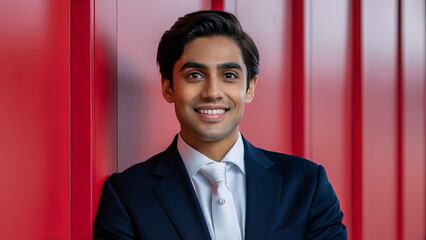 Professional LinkedIn Profile Photo of a Young Man in a Suit and Tie Smiling Confidently Against Red Background