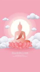 Buddha shadow sitting on pink with cloud sky and copy space vector background - Magha Puja, Asanha Puja, Vesak Puja Day, Thailand culture