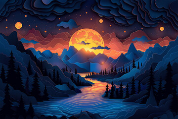 3D landscape Illustration of a wonderful the scene in the style of origami.
