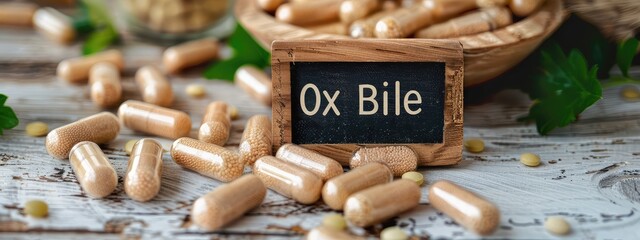 Ox bile supplements on the table. Selective focus.