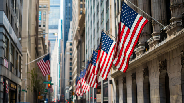 Street lined with American flags on building facades in downtown New York City, showcasing patriotism and urban architecture. Memorial Day, Patriot Day, Vote and Patriotism background.