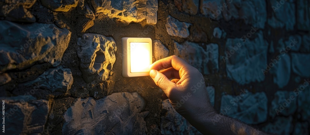 Poster hand switching on off a light against a stone wall with copy space image available