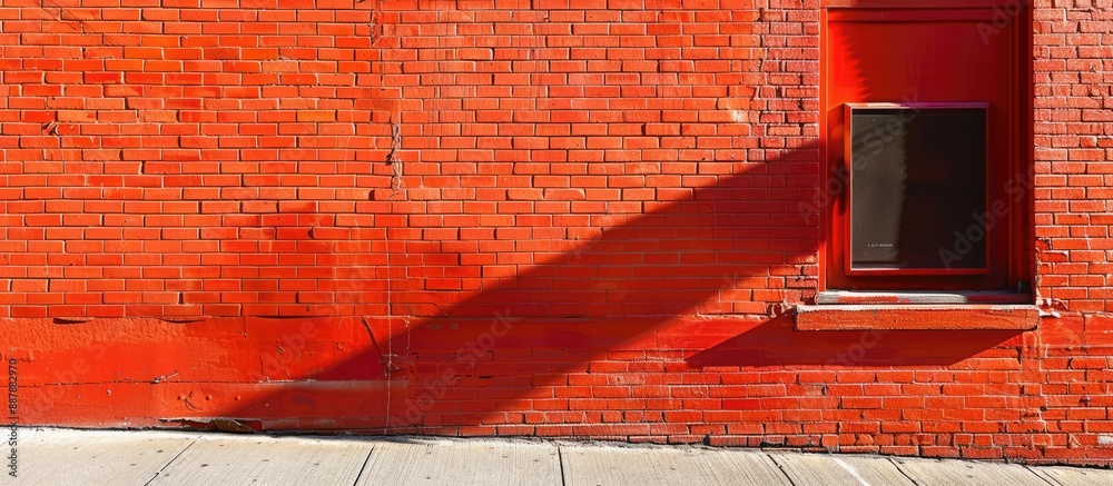Aufkleber Brilliant red paint adds a vivid touch to an orange brick wall creating an eye catching contrast. with copy space image. Place for adding text or design