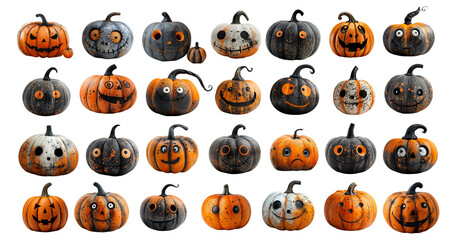 Fototapeta premium Cartoon Jack o lantern with a creepy carved Halloween pumpkins faces black and orange set isolated on a white background