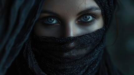 Naklejka premium Portrait of a woman with expressive eyes wearing a dark headscarf, creating a mysterious and captivating atmosphere