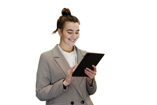A female manager uses a tablet, a positive office employee. Cut out