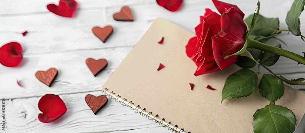 Poster a red rose on a blank notepad provides a romantic touch with copy space image along with wooden hear