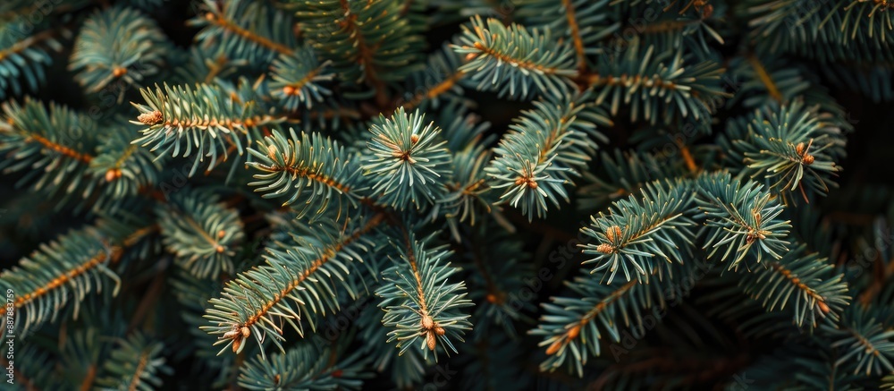 Poster Close up image showing the texture of summer Christmas tree needles with copy space