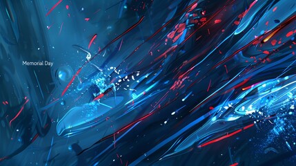 Metallic blue textures with red white lines and glowing text