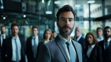 スーツを着た法人代表と社員達