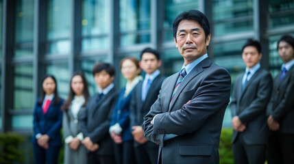 スーツを着た法人代表と社員達