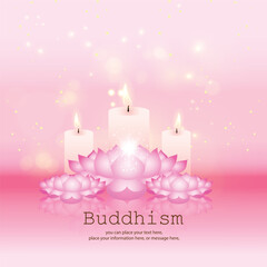 Candle and pink lotus flower vector illustration background - Magha Puja, Asanha Puja, Vesak Puja Day, Thailand culture