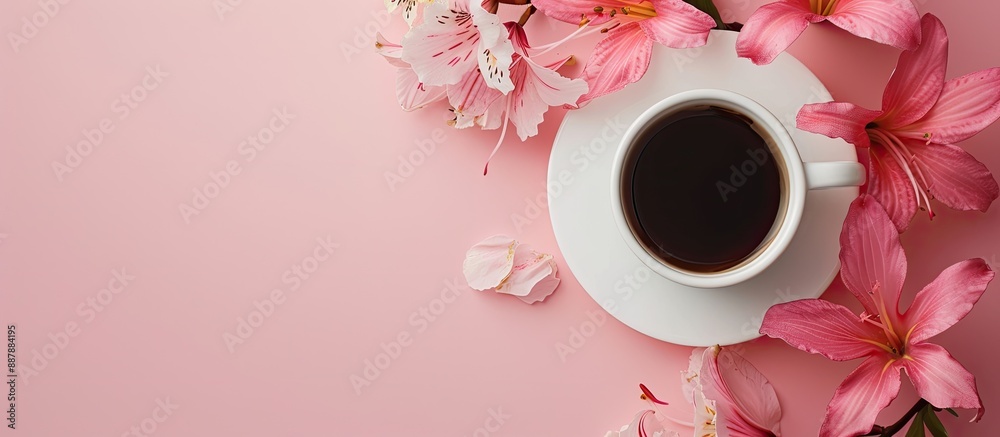Poster coffee cup adorned with blooms on a soft pink backdrop ample copy space for text or designs