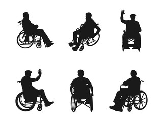disabled man in wheelchair silhouettes vector. Silhouettes disabled in a wheel chair. Vector drawing rights in a wheelchair. silhouette businessman sitting on wheelchair over white background.