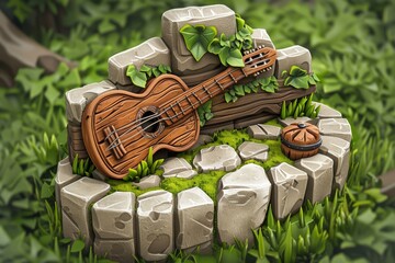 Fototapeta premium Guitar in a rustic garden setting, blending music and nature in a vibrant and engaging illustration.