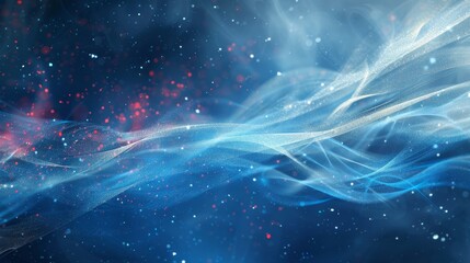 Fototapeta premium Background with blue white hues red sparkles and flowing shapes