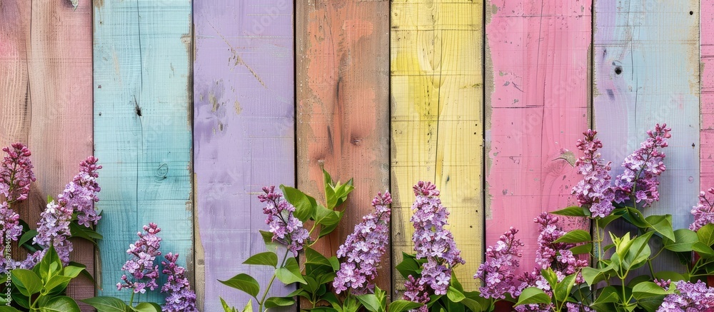 Leinwandbilder Lilac blooming flowers against a colorful wooden backdrop with space for text in the image. with copy space image. Place for adding text or design