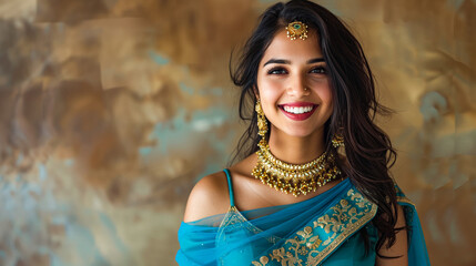 Gorgeous Indian woman in traditional outfit, teal lehenga, vibrant smile