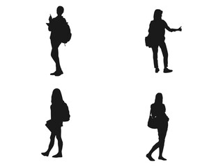 young girl with handbag standing silhouettes vector. Silhouette young girl with handbag standing. Standing Woman with Long Legs and a Handbag. Vector illustration on white background. 