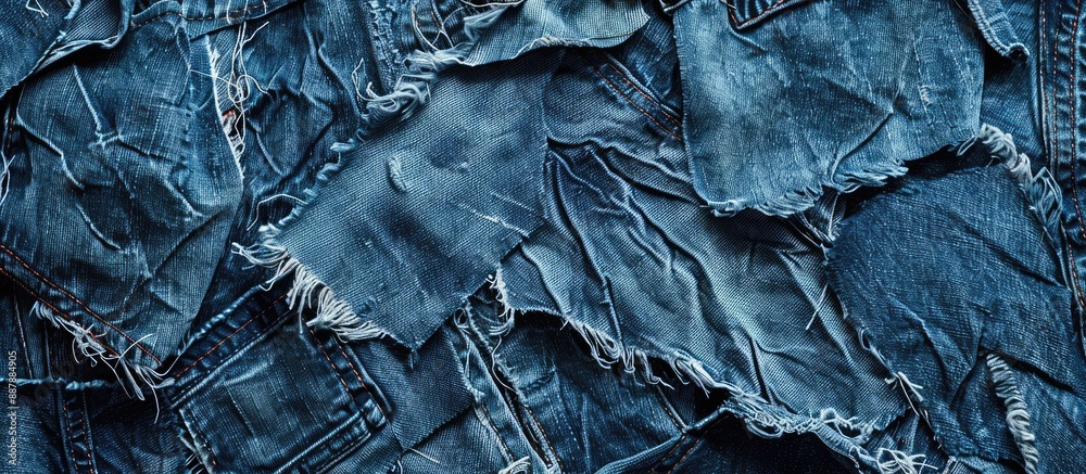 Poster close up view of textured ripped denim jean fabric with copy space image