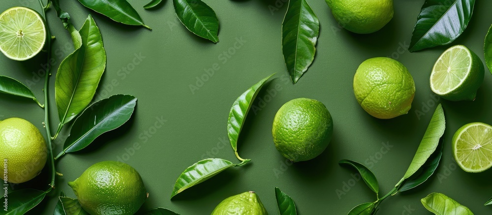 Aufkleber a flat lay arrangement including vibrant limes and leaves on a green backdrop with room for text in 
