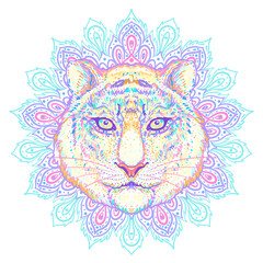 Patterned ornate tiger head. African, Indian, totem, tattoo, sticker design. Design of t-shirt, bag, postcard and posters. Vector isolated illustration in bright neon colors.