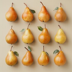 A grid of twelve ripe pears with leaves, arranged on a beige background.