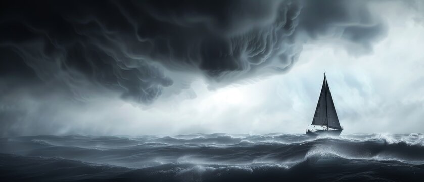 Sailboat navigating rough seas under dark, swirling storm clouds, capturing the intensity and challenge of sailing in severe weather.