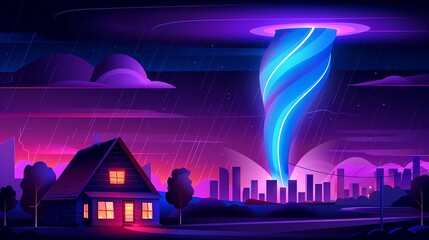 Fototapeta premium A glowing blue tornado descends on a city at night, illuminated by a bright light. A small house sits in the foreground, with rain falling in the background.