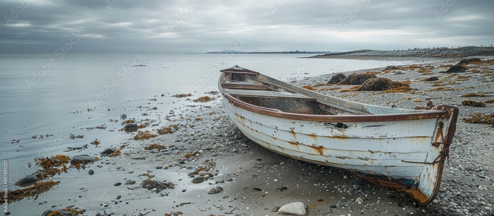 Poster Abandoned small boat on shore with no usage ideal for copy space image