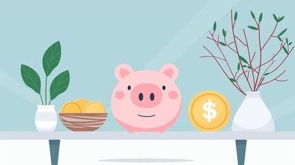 A pink piggy bank sits on a table with a coin, a bowl of coins, and plants, symbolizing saving money and financial growth.