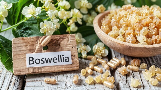 Boswellia and supplement capsules. Selective focus.