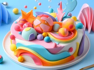 Vibrant and Whimsical Geometric Cake with Mouthwatering Cheesecake Filling and Glossy Pastel Icing