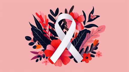 White ribbon surrounded by colorful flowers and leaves, symbolizing awareness and support.