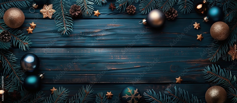 Poster Top view shot of a Christmas themed border banner with dark blue and gold ornaments tree branches and an old wood background suitable for adding copy space image