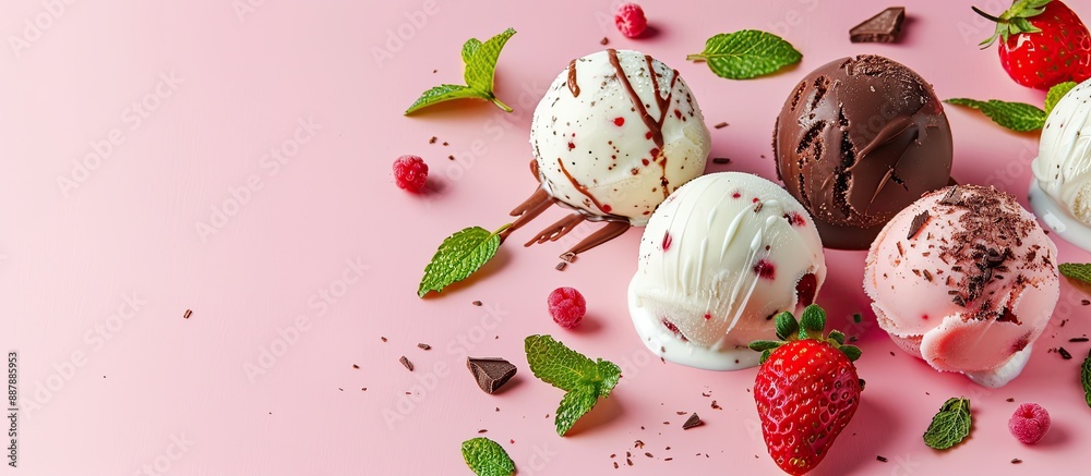 Leinwandbilder white and chocolate ice cream balls with mint and strawberry arranged in a pleasing way with copy sp
