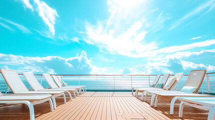 Fototapeta premium Empty deck of a cruise ship with lounge chairs under a bright blue sky and clouds.