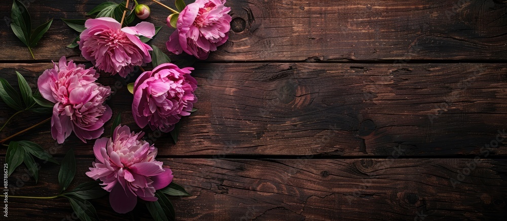 Aufkleber pink peonies displayed on a dark rustic wooden surface from a top down perspective with room for tex