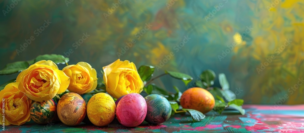 Leinwandbilder celebrate easter with a vibrant display of natural dyed eggs set on a colorful table alongside brigh