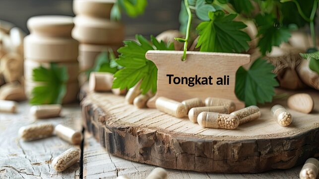 Tongkat ali plant and capsules. Selective focus.