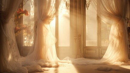 Sunlight streaming through sheer curtains